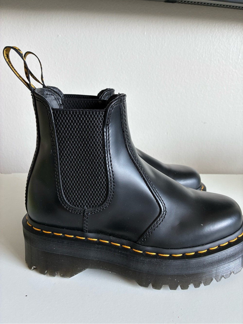 Dr. Martens Black Leather Platform Chelsea Boots with Yellow Stitching - Picture 3 of 8